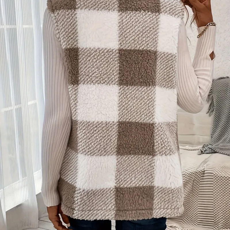 Gilet pour femme à carreaux en Teddy – Manteau d'hiver décontracté ouvert