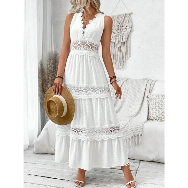 Robe Longue Femme Blanche – Dentelle, Col en V, Sans Manches, Taille Haute, Élégante
