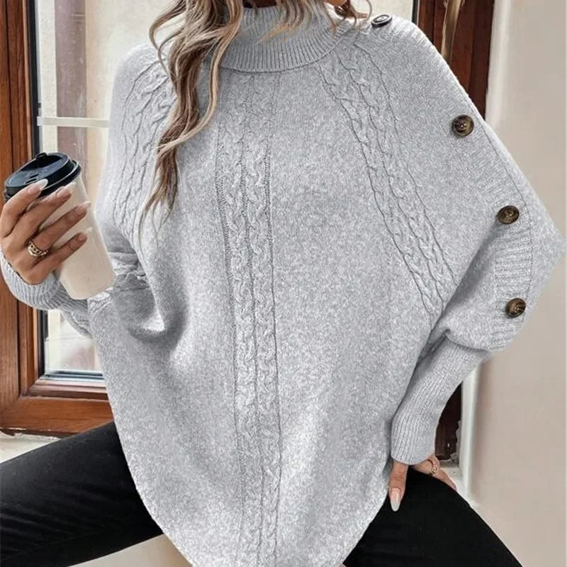 Pull Femme Automne/Hiver – Maille Torsadée, Col Montant, Manches Chauve-Souris, Boutons Latéraux, Style Streetwear