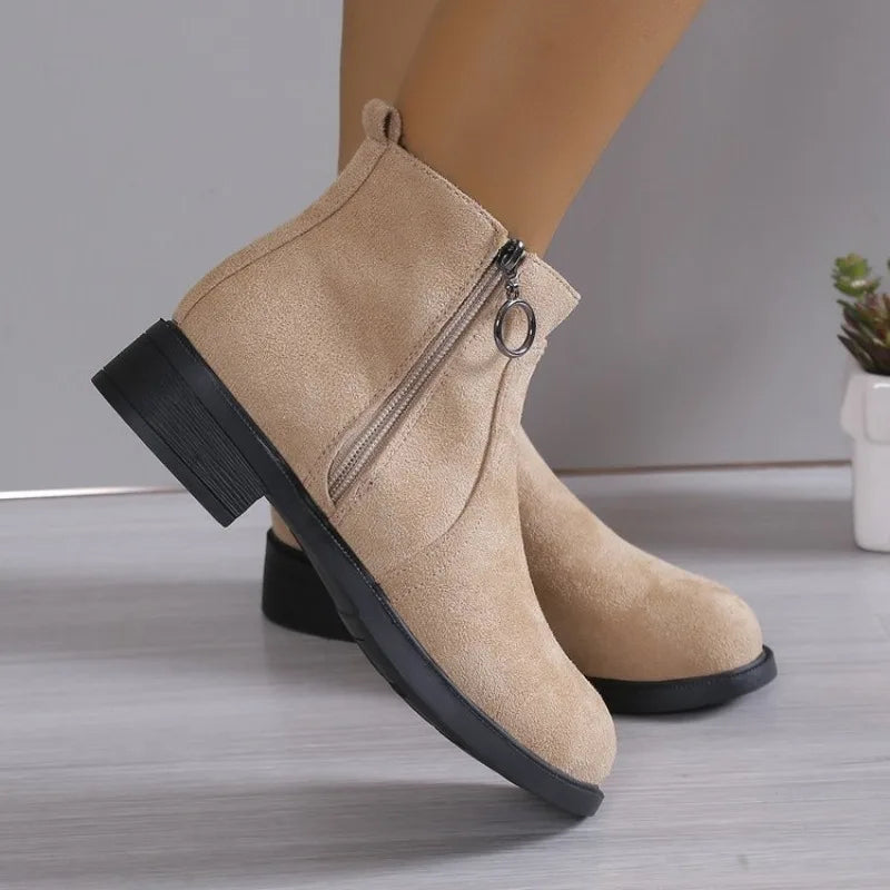 Bottes en daim pour femme à talon carré – Tige courte, fermeture éclair latérale et style rétro