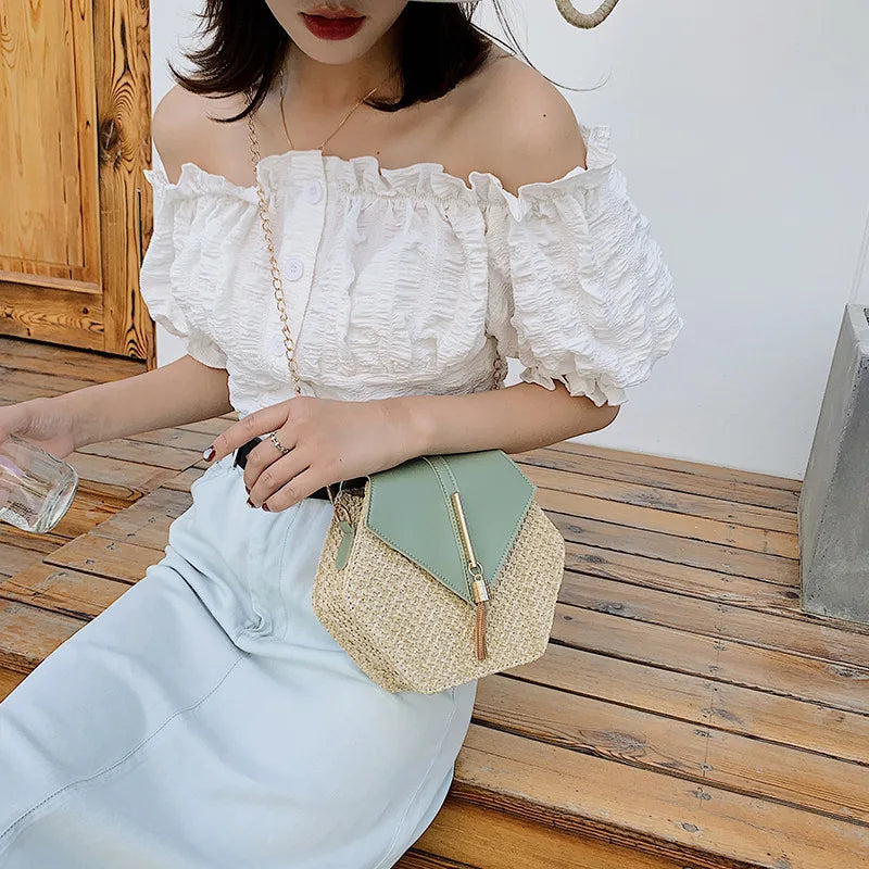 Sac à Main Femme Hexagonal en Paille et Cuir PU – Style Bohème Chic Été