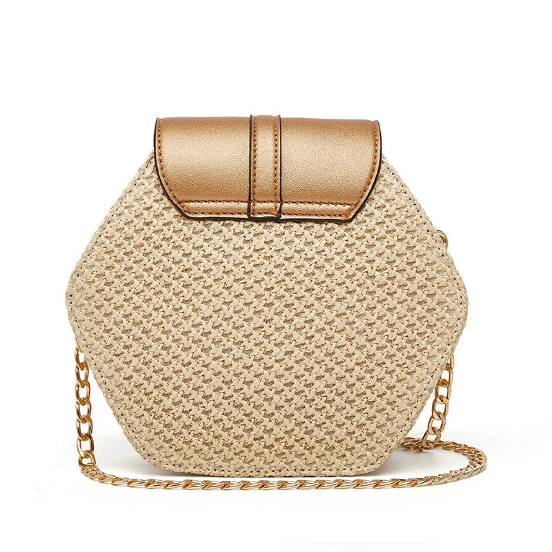 Sac à Main Femme Hexagonal en Paille et Cuir PU – Style Bohème Chic Été