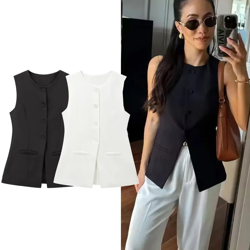 Gilet long pour femme – Élégance décontractée pour le bureau et l'automne