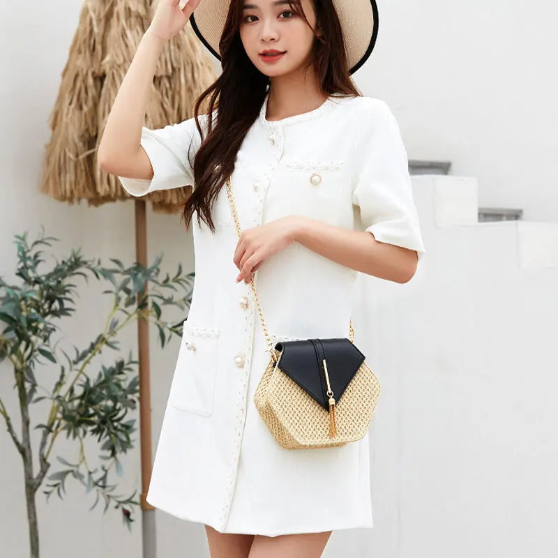 Sac à Main Femme Hexagonal en Paille et Cuir PU – Style Bohème Chic Été