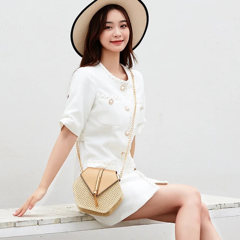 Sac à Main Femme Hexagonal en Paille et Cuir PU – Style Bohème Chic Été