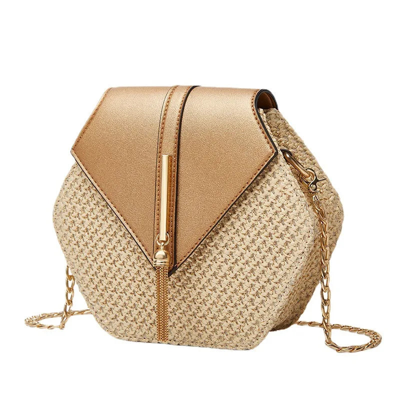 Sac à Main Femme Hexagonal en Paille et Cuir PU – Style Bohème Chic Été