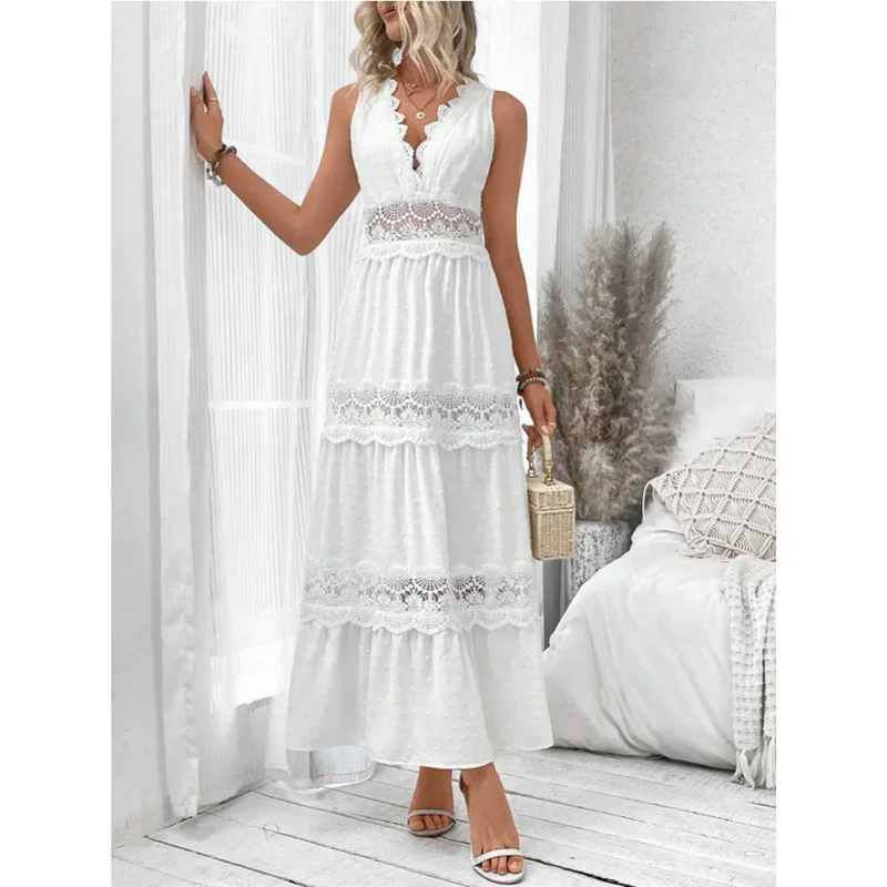 Robe Longue Femme Blanche – Dentelle, Col en V, Sans Manches, Taille Haute, Élégante