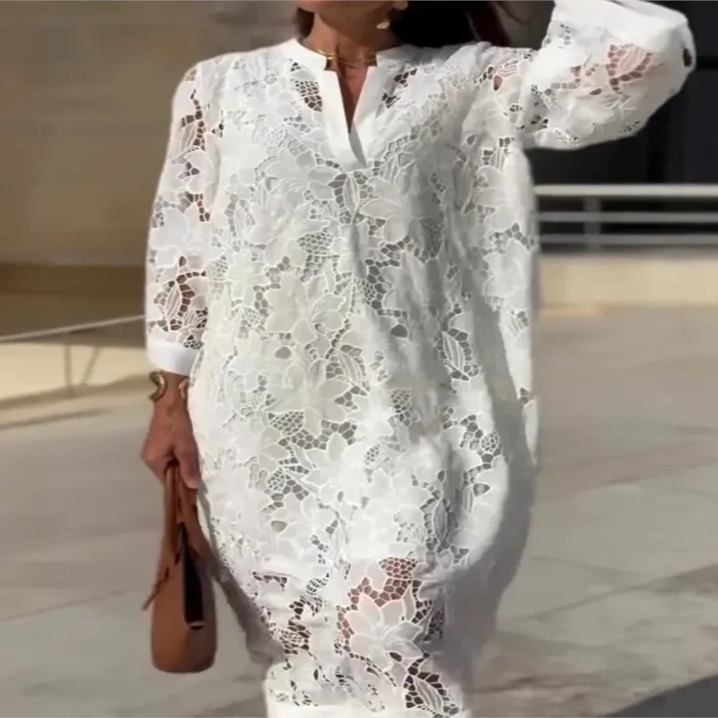 Robe Longue Femme en Dentelle à Col V – Décontractée, Élégante et Ample pour Printemps/Été