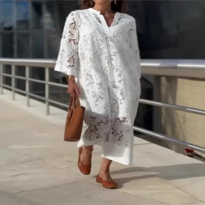 Robe Longue Femme en Dentelle à Col V – Décontractée, Élégante et Ample pour Printemps/Été