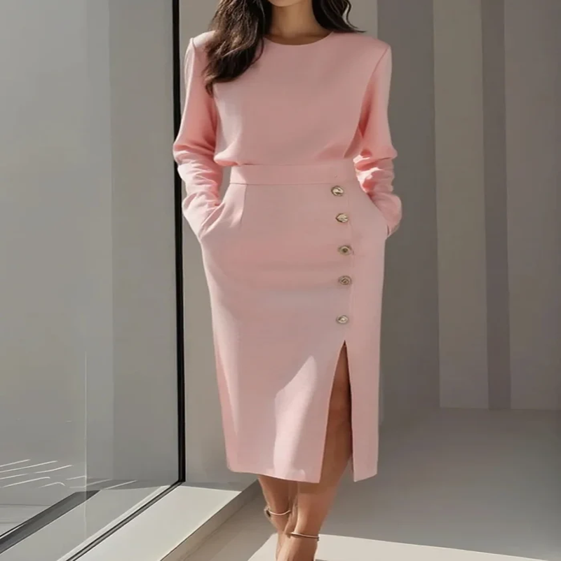 Robe Femme Élégante – Manches Longues, Couleur Unie, Col Rond, Boutons Décoratifs, Mode Décontractée et de Soirée Printemps/Automne