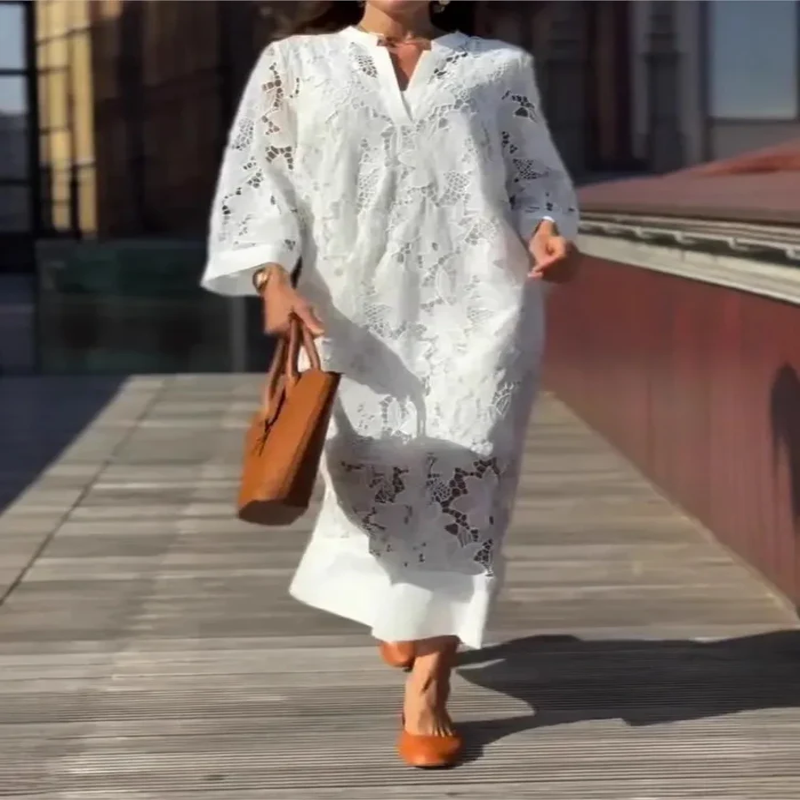 Robe Longue Femme en Dentelle à Col V – Décontractée, Élégante et Ample pour Printemps/Été