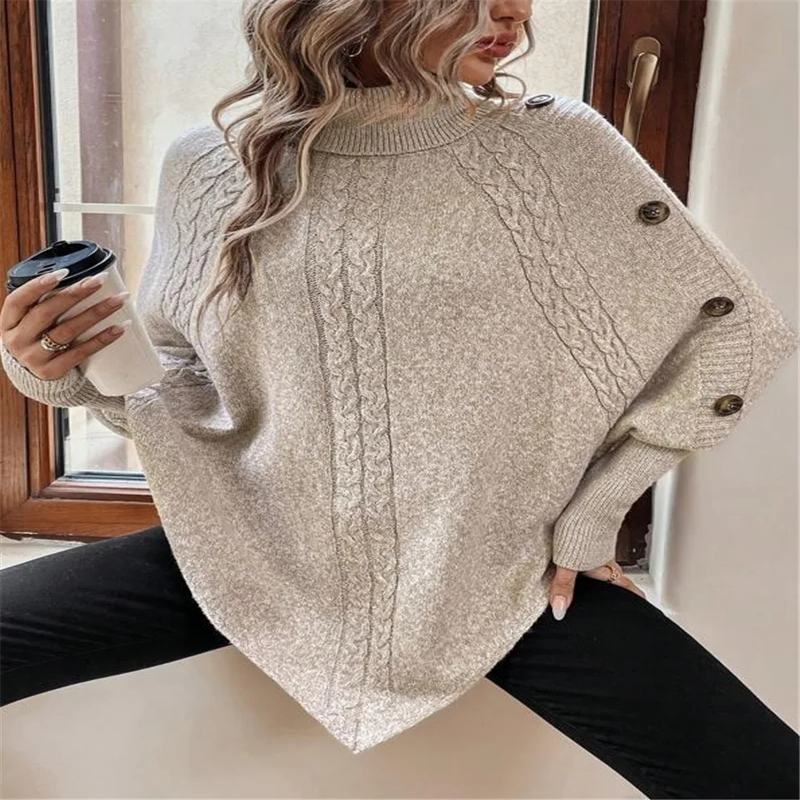 Pull Femme Automne/Hiver – Maille Torsadée, Col Montant, Manches Chauve-Souris, Boutons Latéraux, Style Streetwear