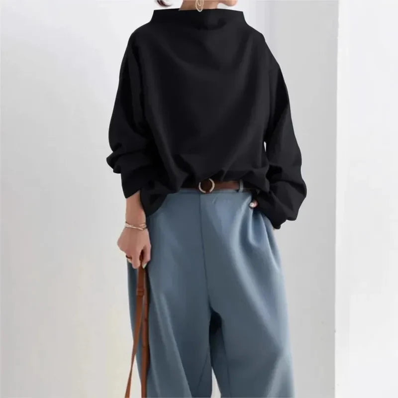Haut Femme Décontracté Uni – Col Montant, Manches Longues, Pull Ample, Mode Automne 2025