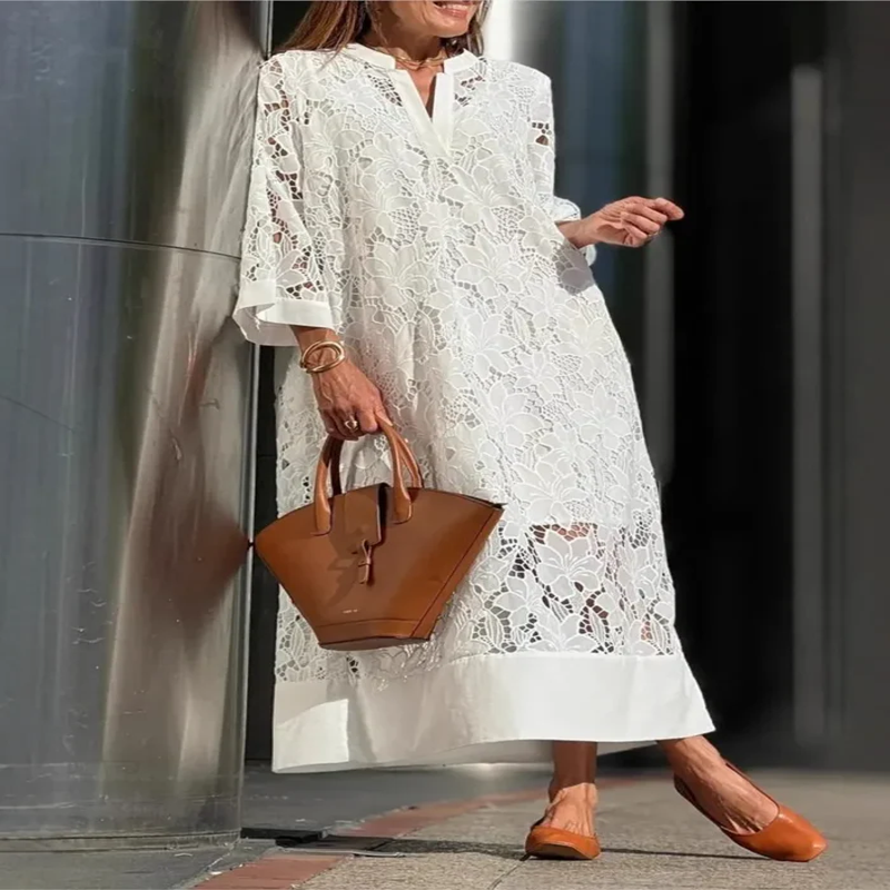 Robe Longue Femme en Dentelle à Col V – Décontractée, Élégante et Ample pour Printemps/Été