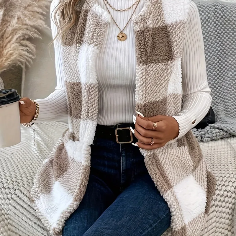 Gilet pour femme à carreaux en Teddy – Manteau d'hiver décontracté ouvert