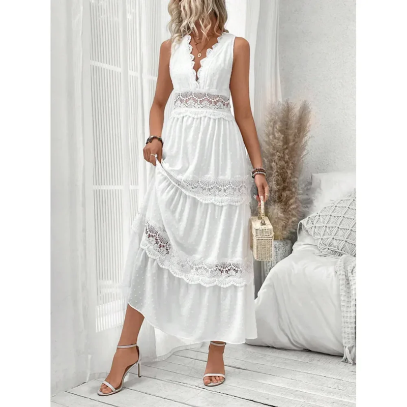 Robe Longue Femme Blanche – Dentelle, Col en V, Sans Manches, Taille Haute, Élégante