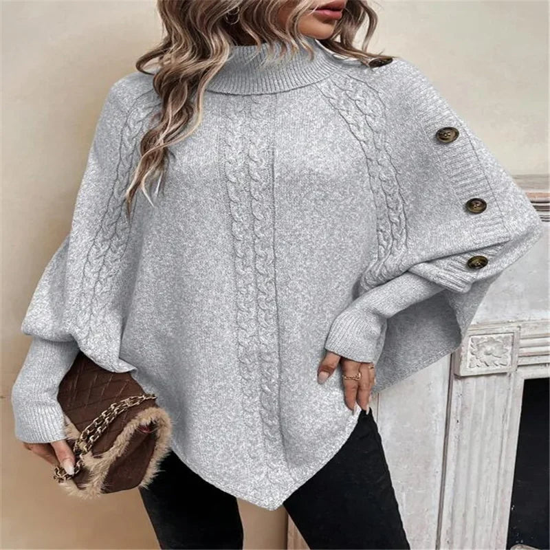 Pull Femme Automne/Hiver – Maille Torsadée, Col Montant, Manches Chauve-Souris, Boutons Latéraux, Style Streetwear