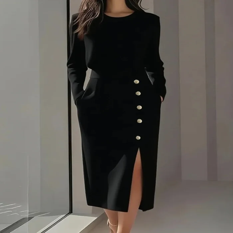 Robe Femme Élégante – Manches Longues, Couleur Unie, Col Rond, Boutons Décoratifs, Mode Décontractée et de Soirée Printemps/Automne