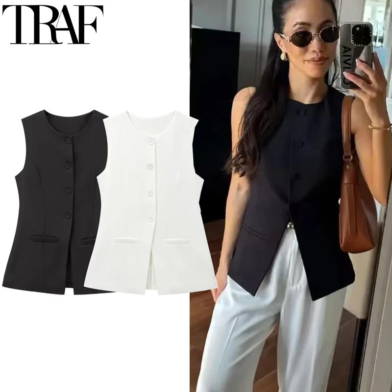 TRAF Woman Vest Outerwears Sleeveless Long Vests For Women Office Casual Women's Suit Vest Autumn Button Black White Vest