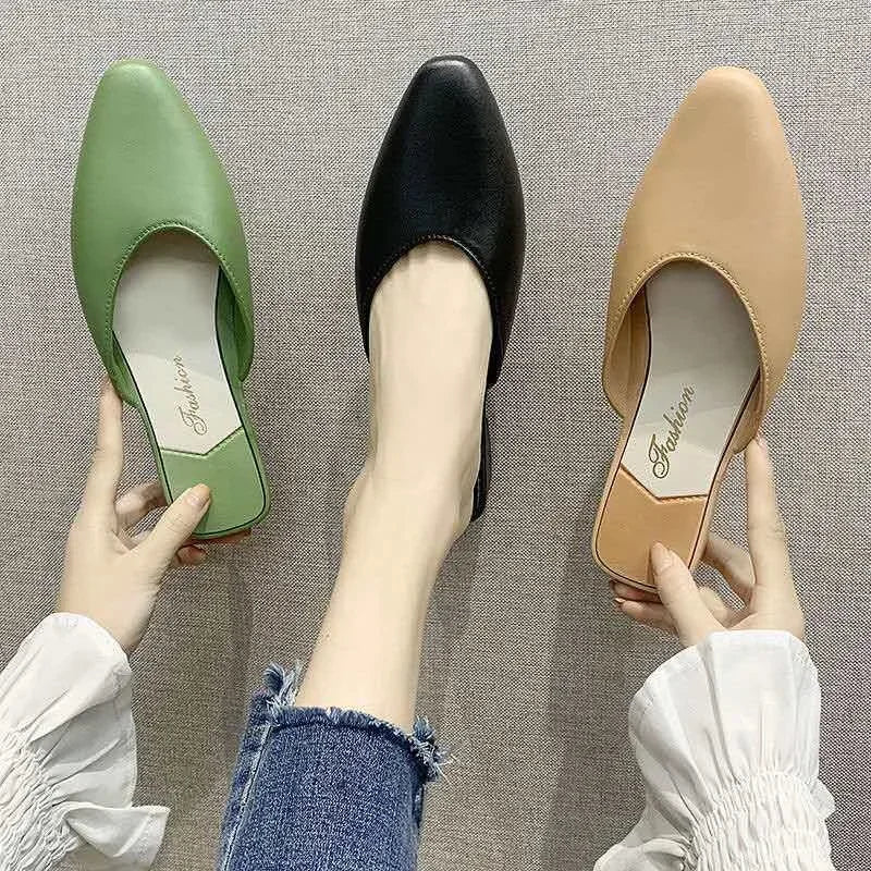 2023 Summer New Style Flat Heel Low Cut One Step Lazy Person Slippers Women's Half Slippers Pointed Toe Popular