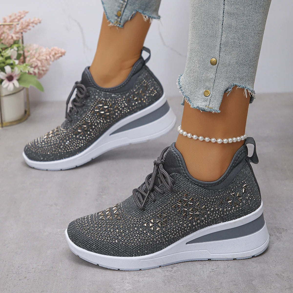 Women's Shiny Rhinestone Wedge Sneakers Breathable Knit Non Slip Walking Shoes Woman Plus Size Fashion Thick Sole White Sneakers