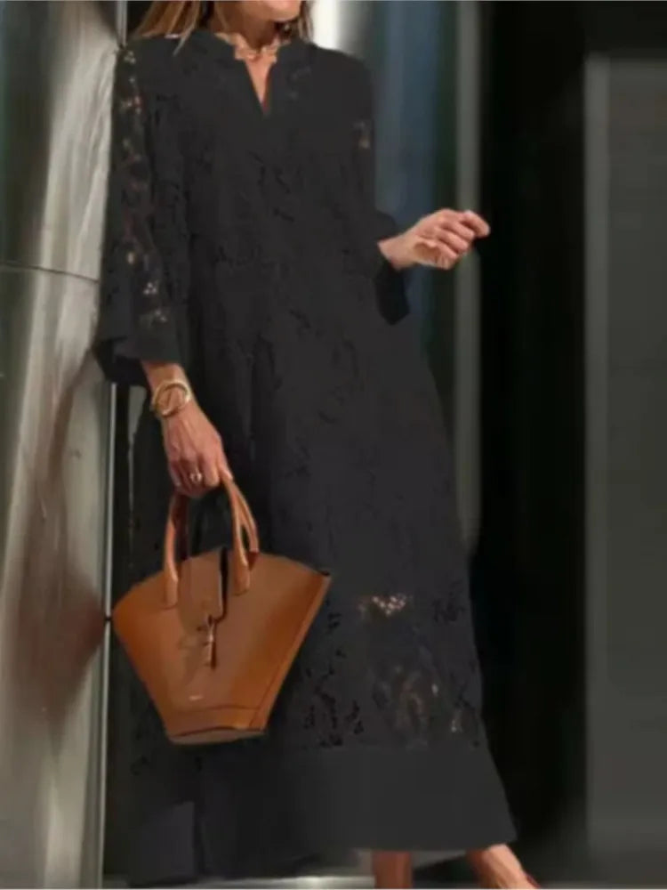 New Spring Summer Women's Fashion Lace Splicing Sexy V-neck Casual Loose Nine Point Sleeve Long Dress
