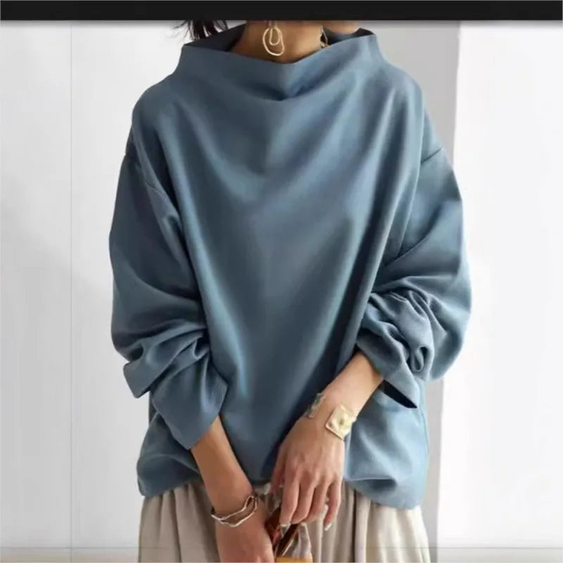 Simple Style Female Casual Solid Color Sweatwear High-Neck Long Sleeves T-Shirt Loose Pullover Tops For Women 2025 Autumn