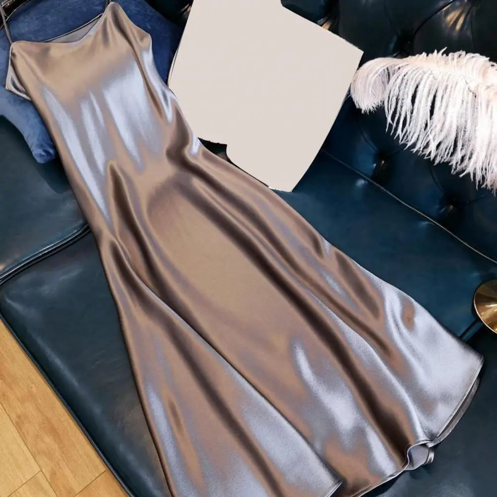 Sleeveless Satin Dress Long Dress Silky Satin V Neck Spaghetti Strap Women's Slip Dress Plus Size A-line Loose Hem Backless