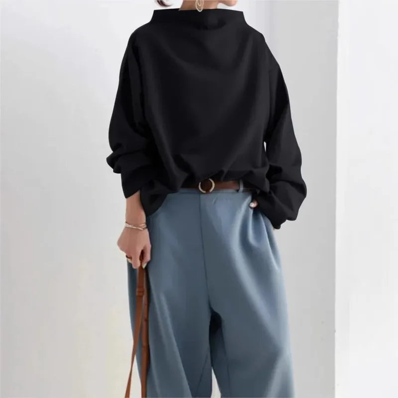 Simple Style Female Casual Solid Color Sweatwear High-Neck Long Sleeves T-Shirt Loose Pullover Tops For Women 2025 Autumn