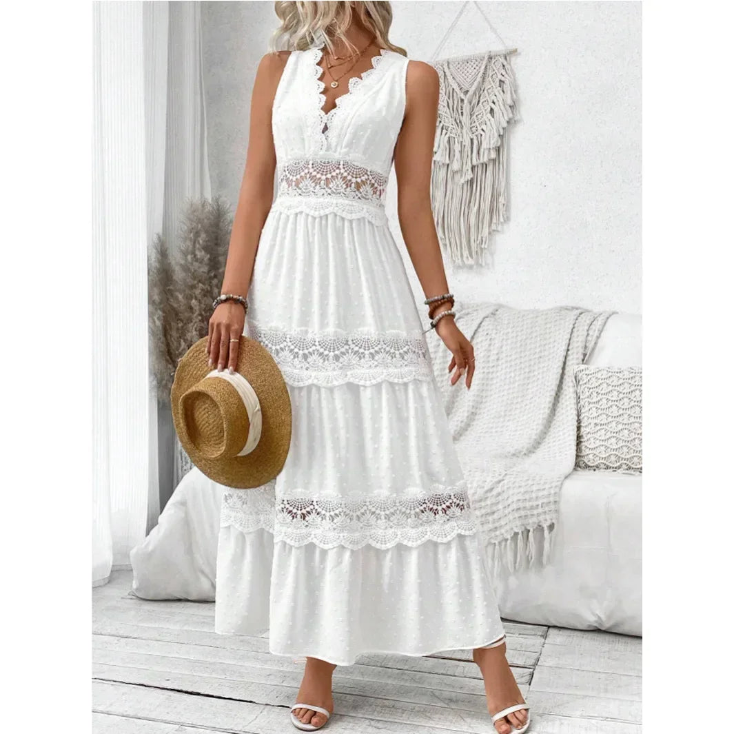 Women's Lace Stitching V-neck Sleeveless Dress High Waist White Ankle Length Sexy Long Dress