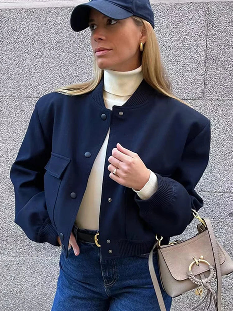 New Spring Bomber Jacket For Women Solid Stand Collar Long Sleeve Racing Jackets Female Fashion Pockets Lady Street Coats Tops