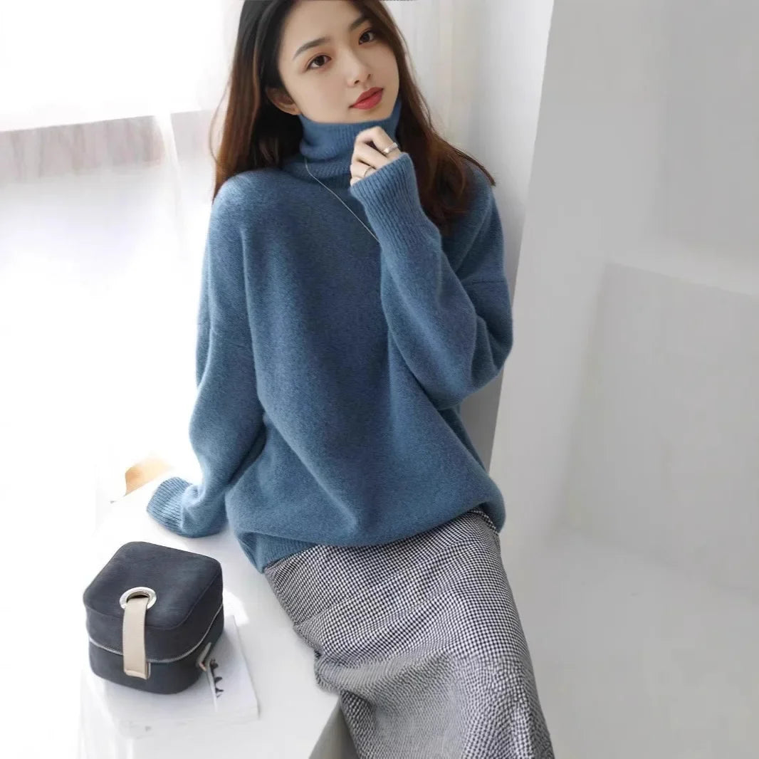 Pull Femme Col Roulé en Cachemire – Maille Premium, Ample et Douillette Automne-Hiver