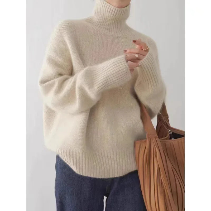 Autumn Winter Thickened Solid Color Cashmere Knitted Sweater Women High Collar Short Loose Lazy Sweater Comfortable Fit Crew Nec