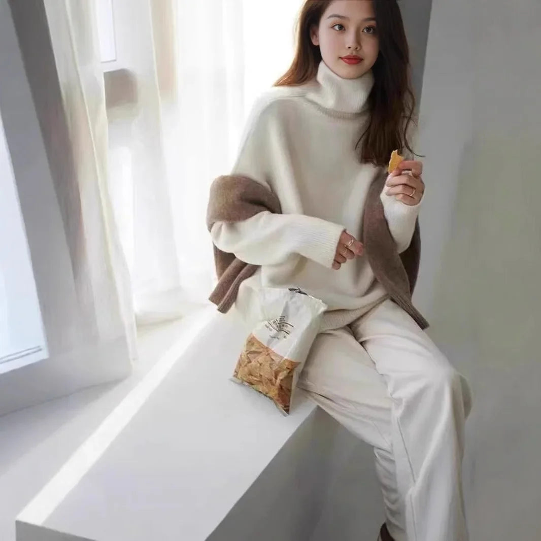 Pull Femme Col Roulé en Cachemire – Maille Premium, Ample et Douillette Automne-Hiver