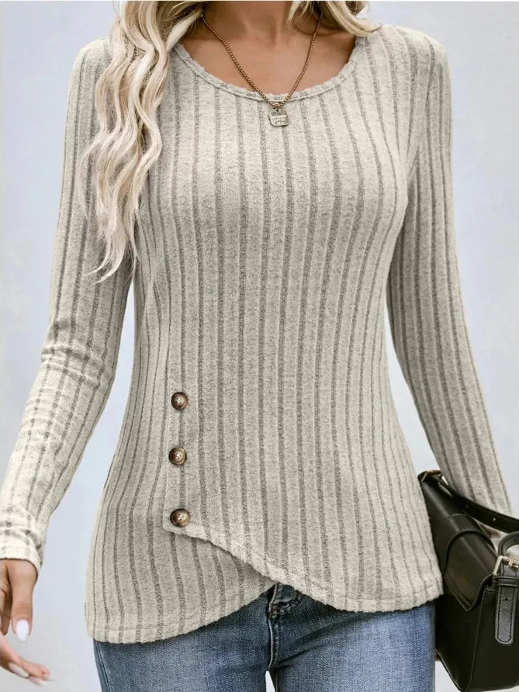 Autumn Winter Long-sleeved Round Neck Top Women's Fashion Casual Irregular Solid Color Street Style Buttons Pullover Tshirt New