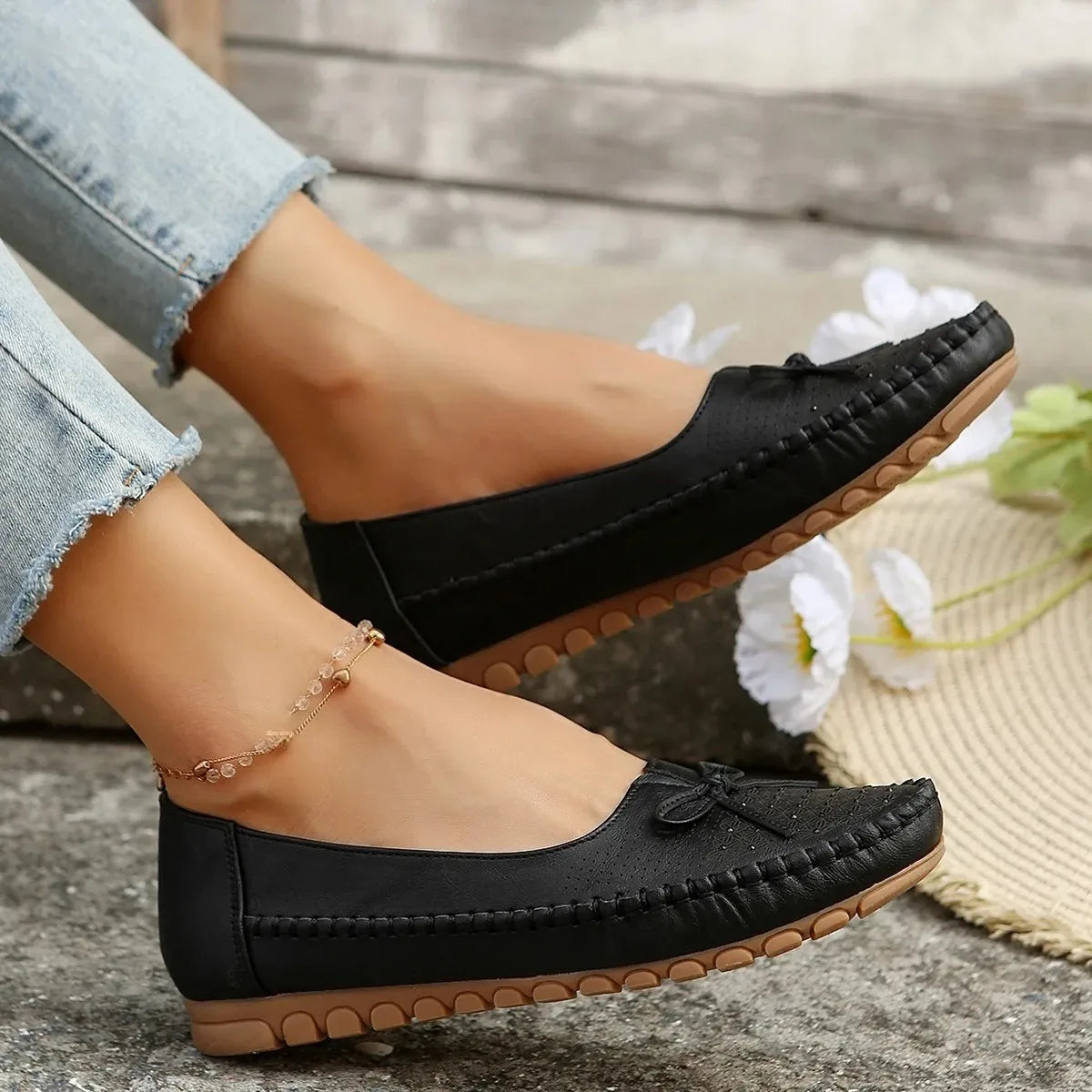 Chaussures Femme Casual 2025 – Mocassins Plats Respirants avec Nœud, Bout Rond et Confort