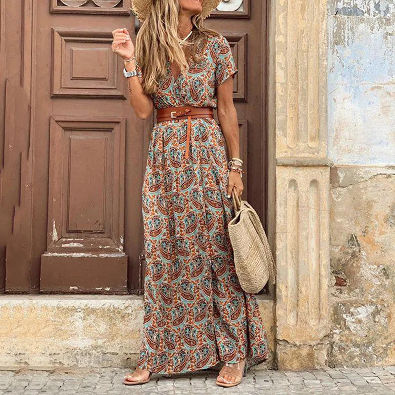 2024 Summer Bohemian Women's Long Dress V Neck Short Sleeve Floral Printed Beach Elegant Vintage Dress with Belt
