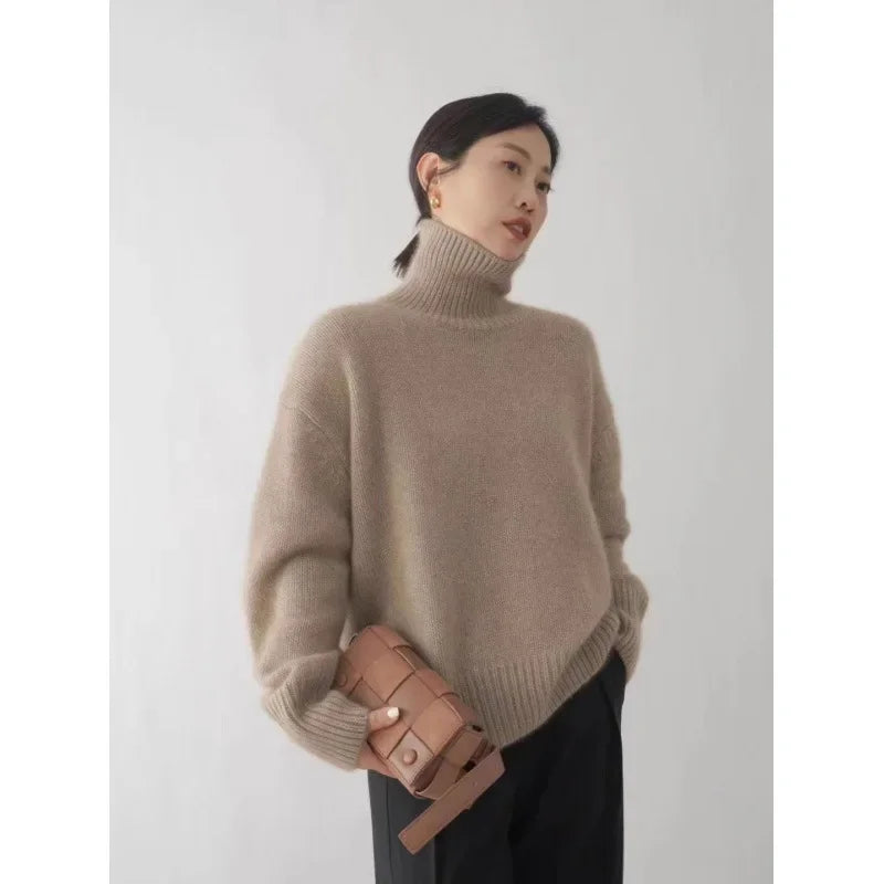 Autumn Winter Thickened Solid Color Cashmere Knitted Sweater Women High Collar Short Loose Lazy Sweater Comfortable Fit Crew Nec