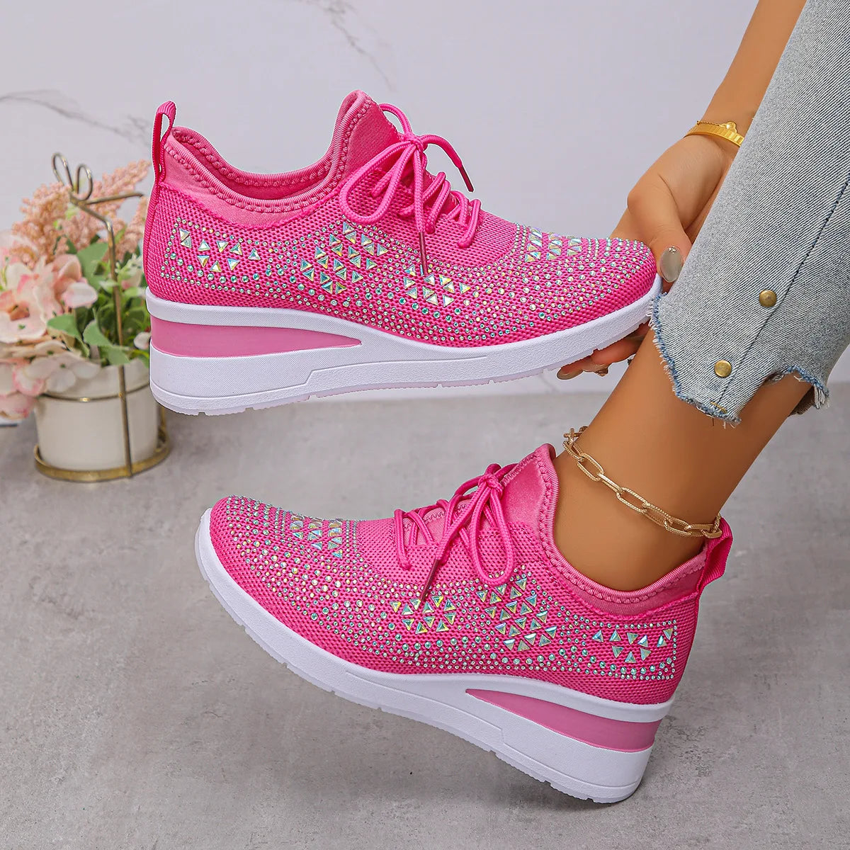 Women's Shiny Rhinestone Wedge Sneakers Breathable Knit Non Slip Walking Shoes Woman Plus Size Fashion Thick Sole White Sneakers