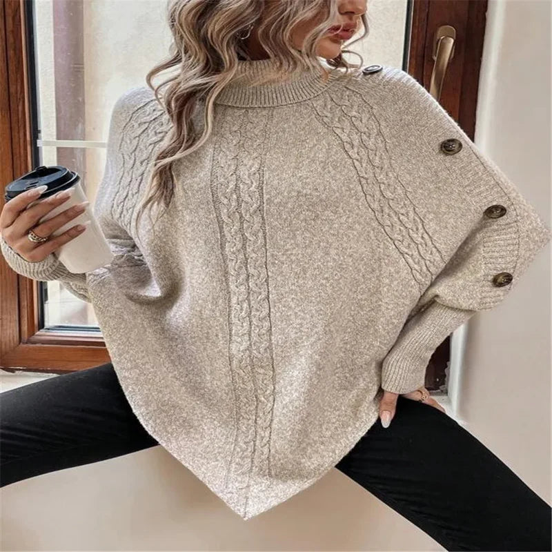 Pull Femme Automne/Hiver – Maille Torsadée, Col Montant, Manches Chauve-Souris, Boutons Latéraux, Style Streetwear