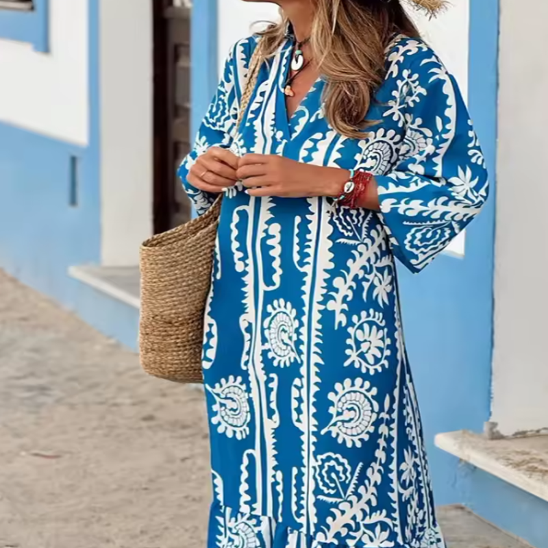 Robe Femme Élégante 2025 – Col en V, Manches Longues, Imprimé Bohème, Mode de Soirée et Vacances