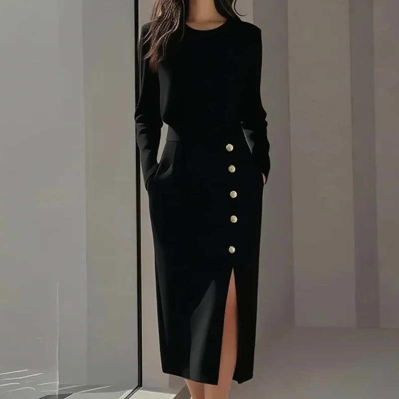 Robe Femme Élégante – Manches Longues, Couleur Unie, Col Rond, Boutons Décoratifs, Mode Décontractée et de Soirée Printemps/Automne